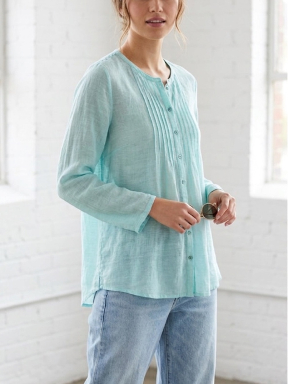 Eileen Fisher Aqua Linen Lightweight Button Front Shirt Size M